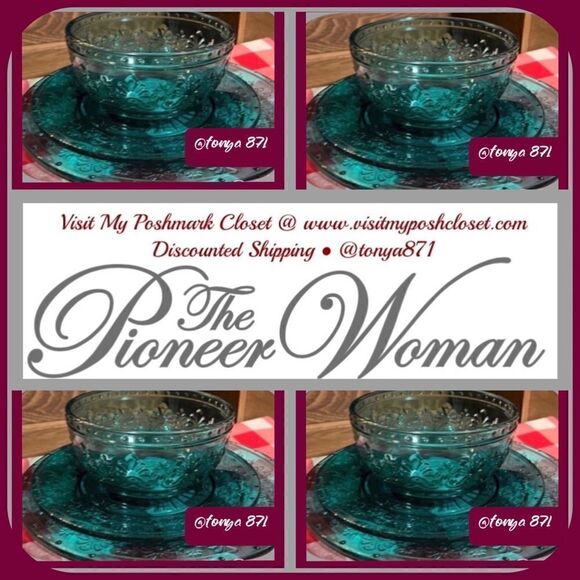 🦋 New Pioneer Woman Cassie Teal Glass Dinnerware, Set of 12 Pieces - Picture 1 of 9